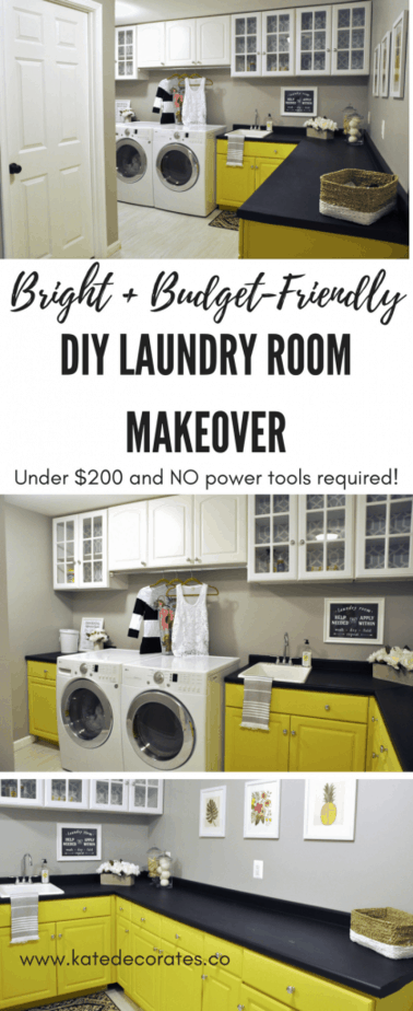  A collage of images showing our budget-friendly laundry room makeover reveal. Image text reads "bright + budget-friendly DIY laundry room makeover" under $200 and NO power tools required"