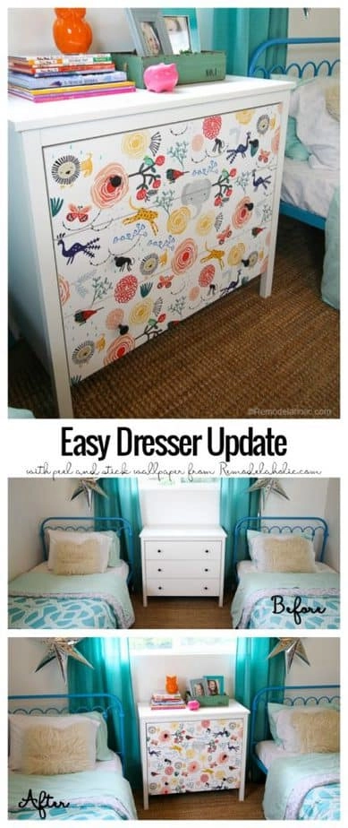 This collaged image shows an easy IKEA dresser update using colorful kids-themed wallpaper.