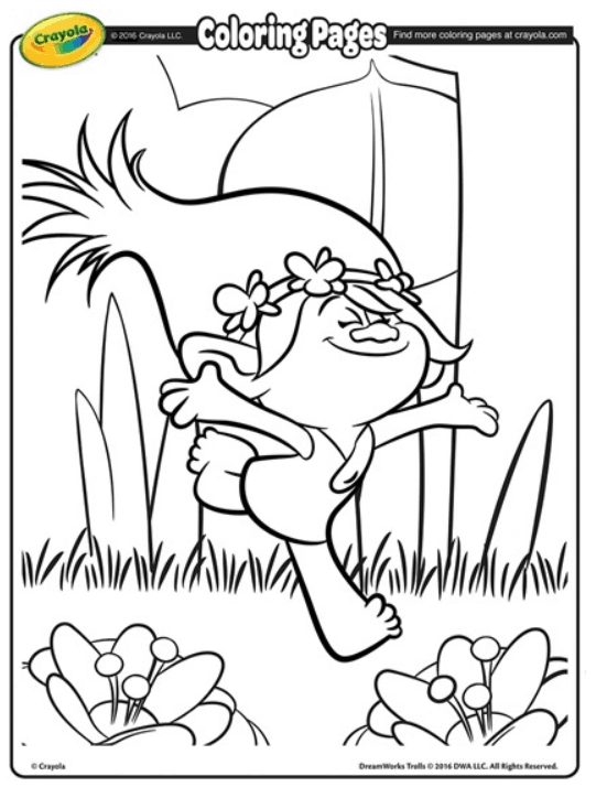 A free Trolls character coloring page for kids, showing a Trolls character dancing through a forest scene.