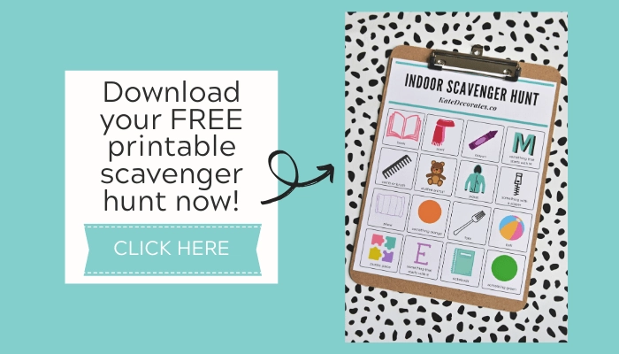 Graphic shows the free indoor scavenger hunt for kids printable on a clipboard. Image text reads "download your free printable scavenger hunt now!"
