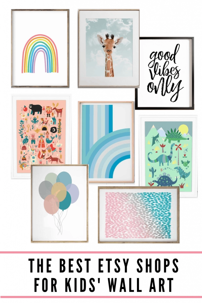 A collage of some of my favorite art prints from various Etsy stores - all perfect for kid's rooms! Colorful prints feature rainbows, educational images, abstracts and more.