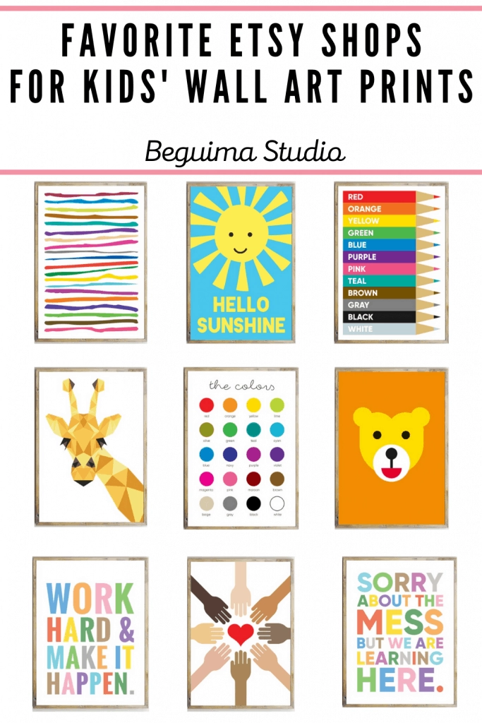 A collection of kid's wall art from Beguima Studio Etsy shop. These colorful prints feature animals, color charts, typographies, and more.
