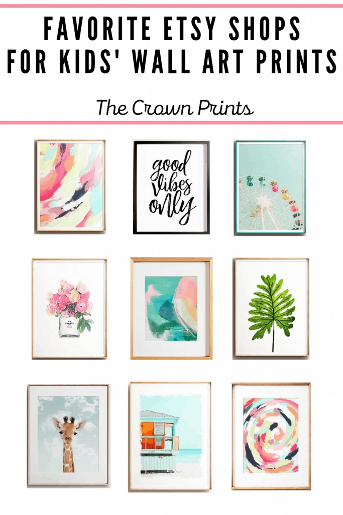 A collection of framed artwork prints from The Crown Prints Etsy shop. These prints range from colorful abstract pieces, typography, and photo-realism images.
