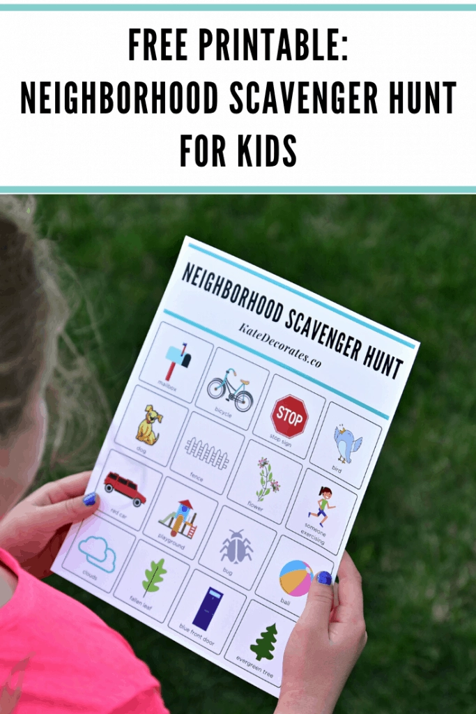 A little girl holds a copy of a neighborhood scavenger hunt for kids that shows images of common outdoor neighborhood items. Image text reads "free printable neighborhood scavenger hunt for kids"