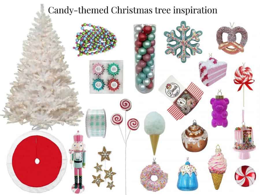 A collage showing all of our candy-inspired Christmas tree decorations, including candy and baked good ornaments, lollipops, treats, and more.